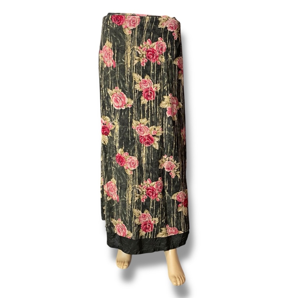 Floral Pink Rose Maxi Skirt - Black Green Background